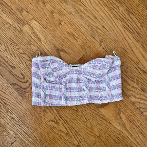 Zara Tweed Corset Crop Top Purple/Pink/White plaid pattern l Zip side and lined - Picture 2 of 10